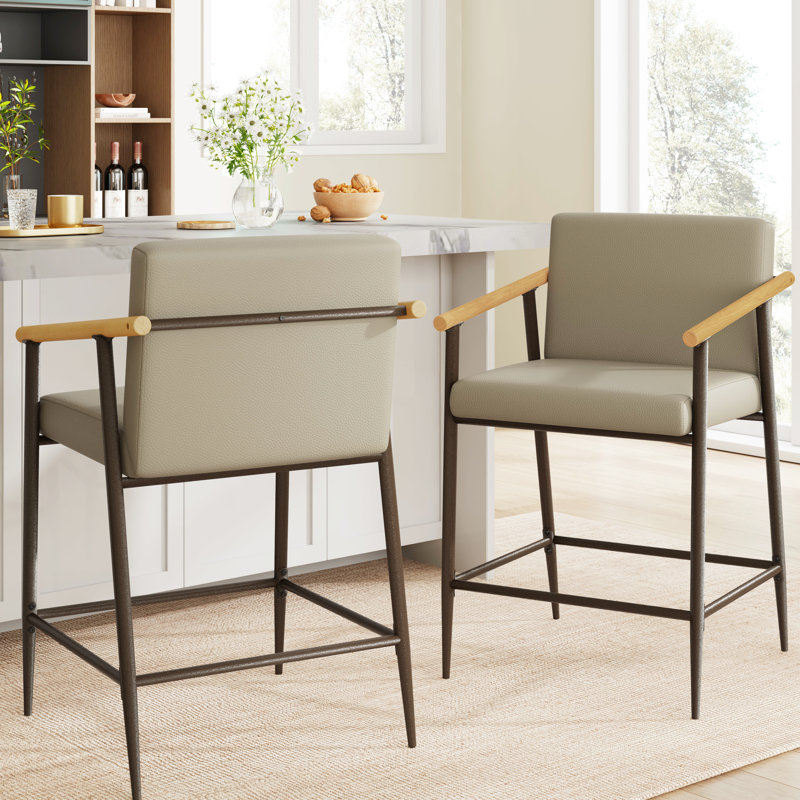 Ensemble de 2 tabourets de style Mid-Century, structure en fer, assises moelleuses kaki, bois d'hévéa, profondeur 56,7 cm, structure métallique, coussins, charge maximale 136 kg, largeur 58,4 cm