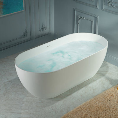 Baignoire de trempage autoportante en résine 67 po, baignoire ovale moderne à surface solide avec trop-plein encastré et drain intégré