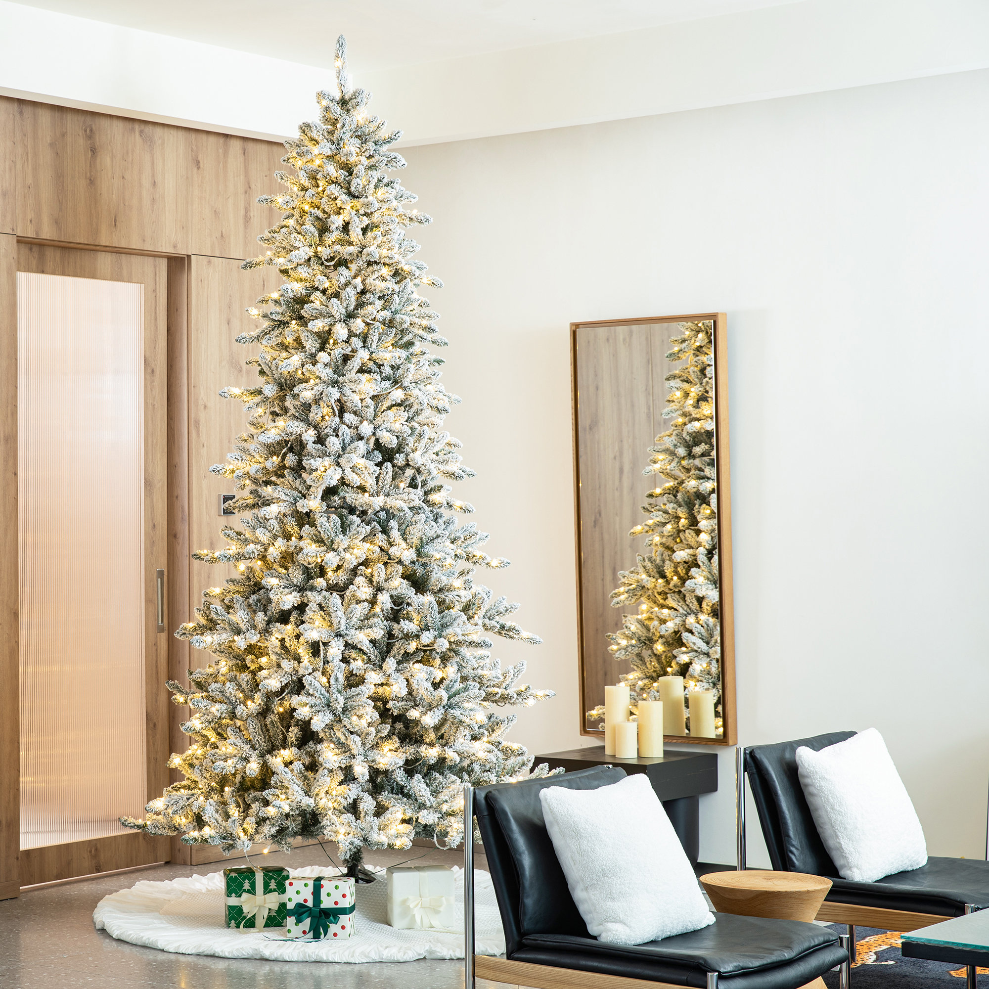 Herolinda Easy Set-Up Pre-Lit Flocked Artificial Fir Christmas Tree, 10' H