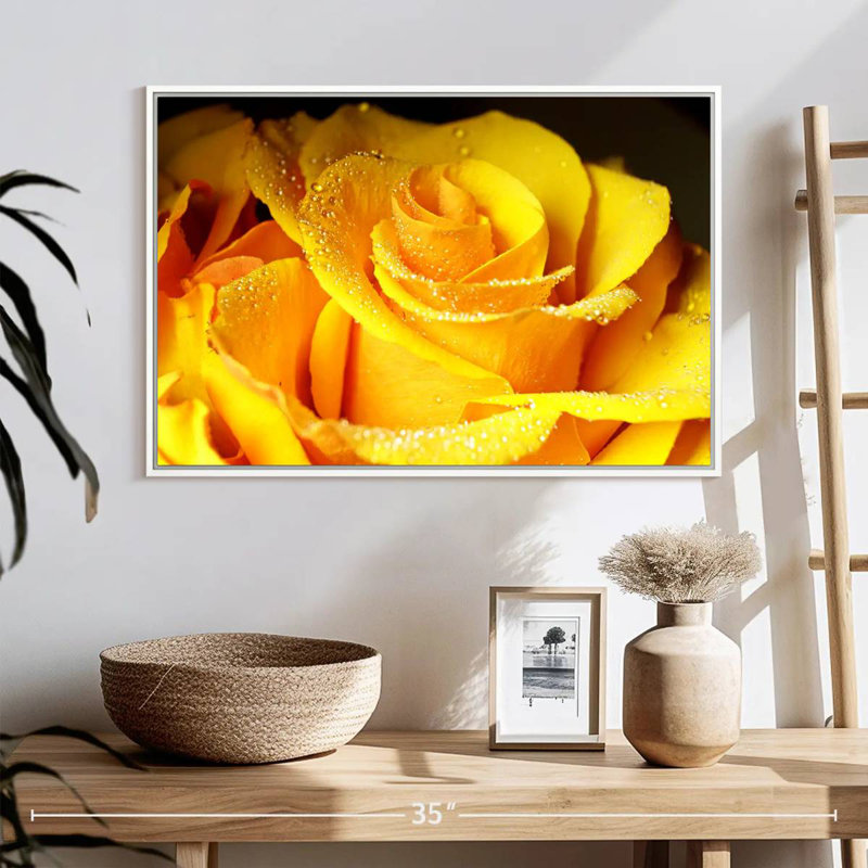 Rose jaune rosée, Cadre flottant blanc, 25 po x 17 po