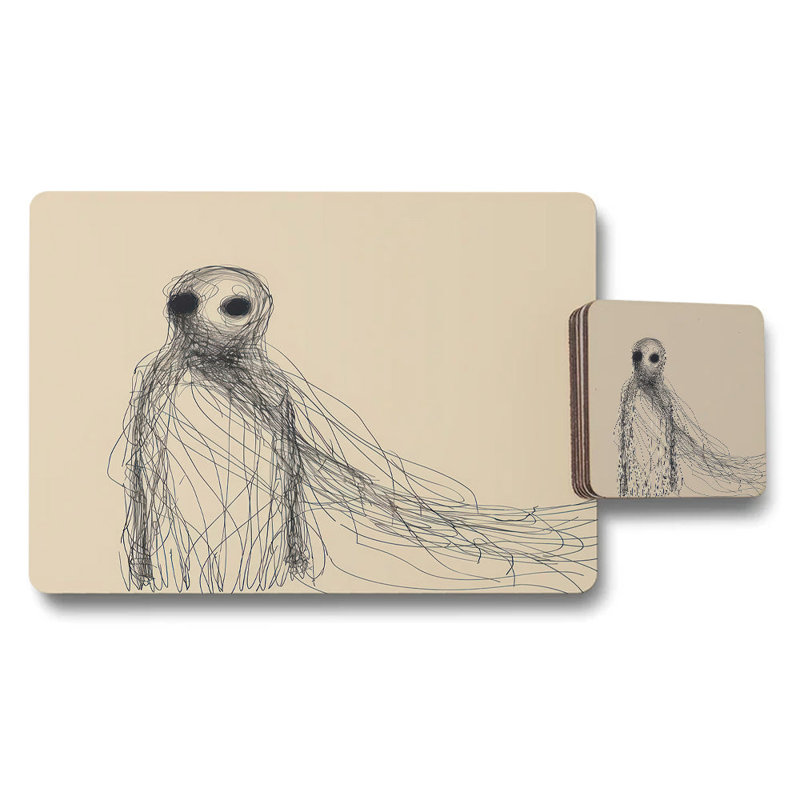 Designer Ghost Sketch Placemat and Coaster Set With Wood Base and Artisan Print Limited Edition