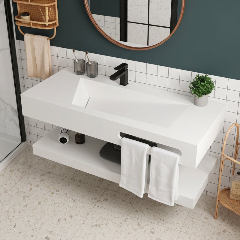 Lavabo de salle de bain 48 po, lavabo mural flottant rectangulaire en résine blanche sans robinet, Beige