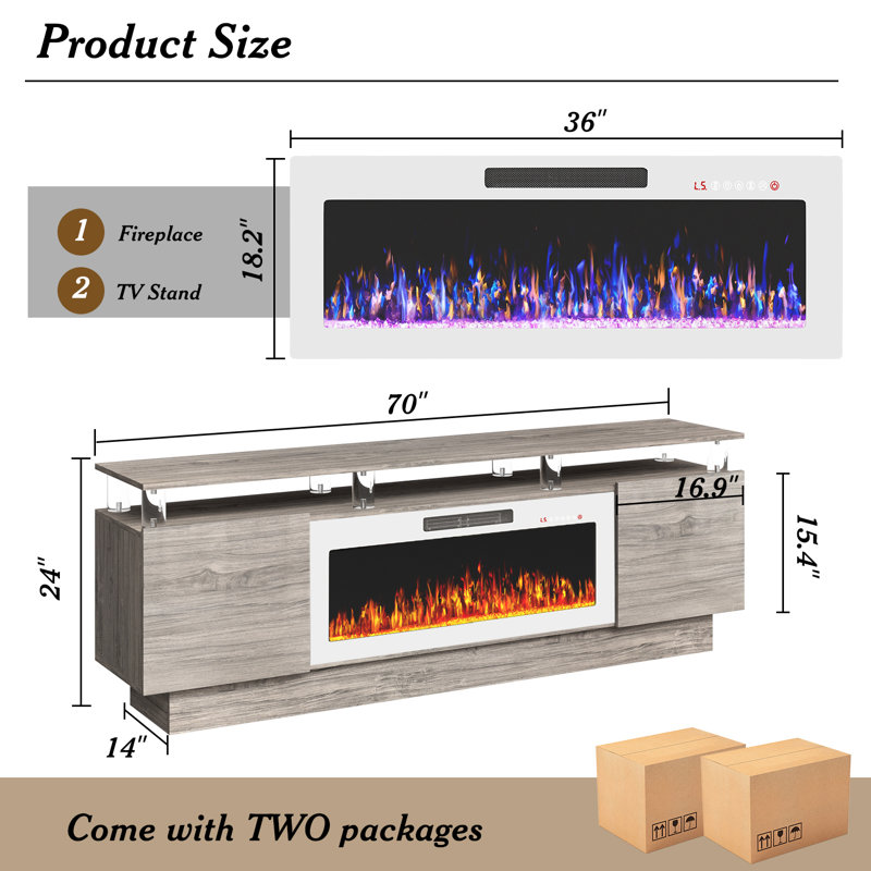 2 Tier High 70" Gloss Tv Stand With Electric Fireplace, Gray/White
