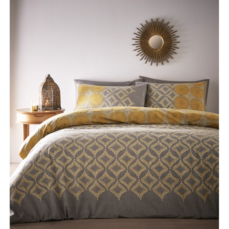 Waugh Ochre/Grey 64 TC Reversible Duvet Cover Set, Kingsize Duvet Cover + 2 Standard Pillowcases