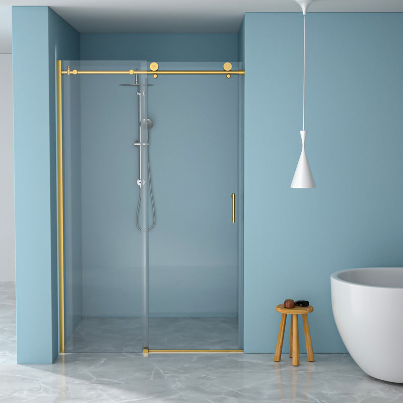 Porte de salle de bain coulissante simple, 48 po 48,8 po, verre trempé de 8 mm, cadre doré, douche rouille en acier inoxydable 304 H 48 po x H 76 po réversible gauche à droite, écran d'eau, glissade