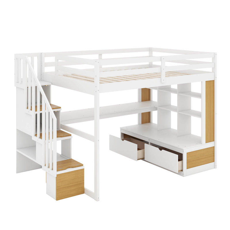 Lit mezzanine double avec bureau, tablettes et tiroirs, Blanc/naturel
