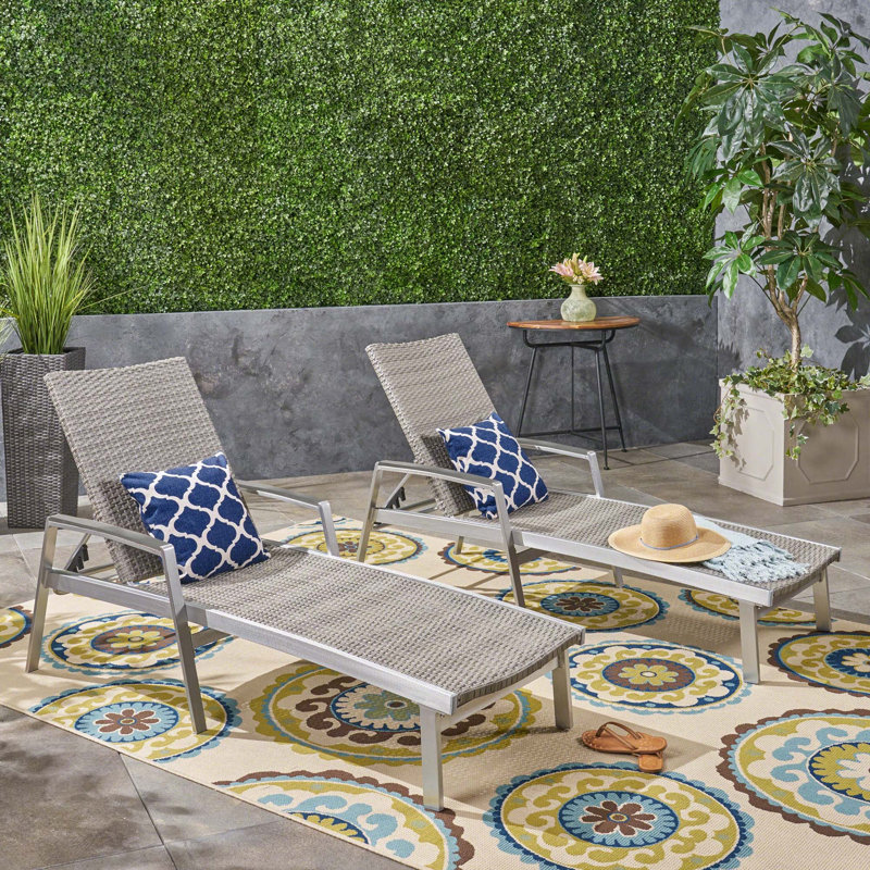 Set Of 2 Patio Aluminum Frame Chaise Lounge With Armrest And Mesh Seating For Outdoor Relaxing, 2
