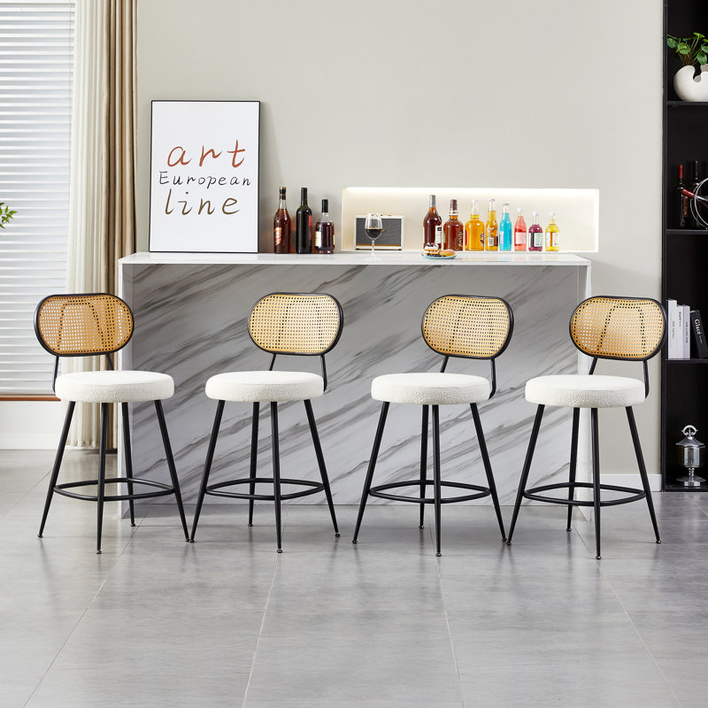Tabouret de comptoir avec dossier en rotin, Beige, 4