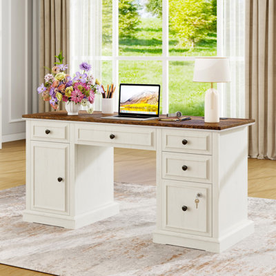 Bureau d'ordinateur 59 po Farmhouse - Prises de courant, classeur verrouillable et 4 tiroirs