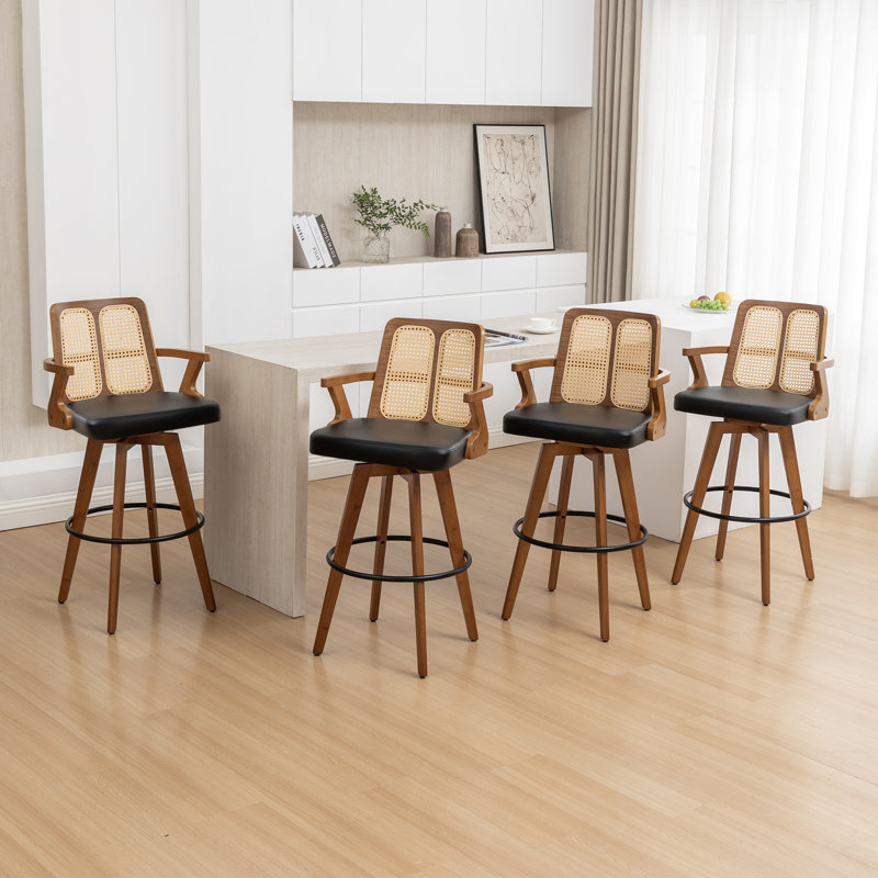 Swivel Upholstered and Faux Leather Bar Stool, Black, 4, Counter Stool (69cm Seat Height)