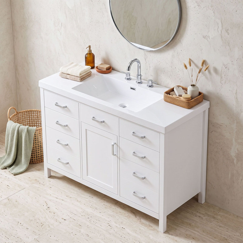 Meuble-lavabo de salle de bain avec lavabo en résine, 6 tiroirs à fermeture en douceur, cloisons amovibles et supports de porte à deux niveaux