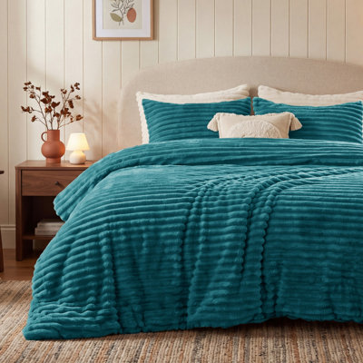 Bedsure King Size Comforter Sets - 3-Piece Double-Sided Fleece Fluffy Teal Bedding, Cozy Striped Aesthetic for Modern & Guest Bedrooms, All-Season Luxury Home Decor