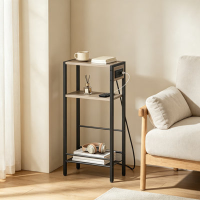 Console étroite avec station de charge, table de vestibule avec rangement à trois niveaux, table basse pour petits espaces, finition grège et noire, structure robuste