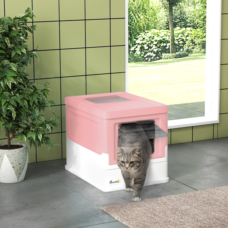 Bac à litière fermé pour chat avec pelle, plateau, entrée par le haut, pliable, rose