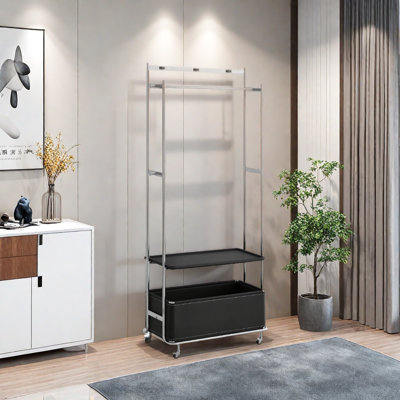 Stainless Steel Coat Rack Shelf Leather Basket