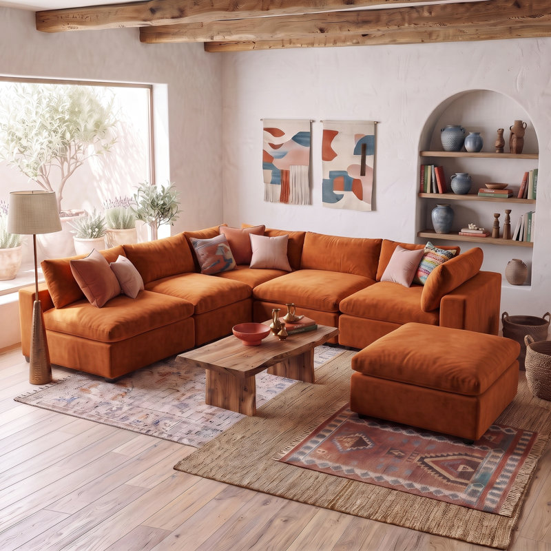 6-Piece Velvet Modular Sectional, Orange Velvet