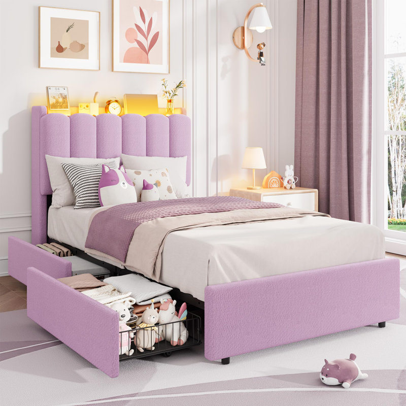 Cadre de lit simple à DEL avec tête de lit à rangement XL, cadre de lit pour enfant avec 2 tiroirs, lit plateforme tapissier Boucle pour fille, tête de lit chic avec ondulé et bibliothèque, aucun sommier nécessaire, mauve
