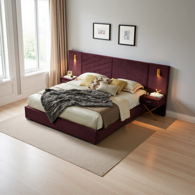 Velvet Bed Frame/Vertical Channel Tufted Wingback Headboard