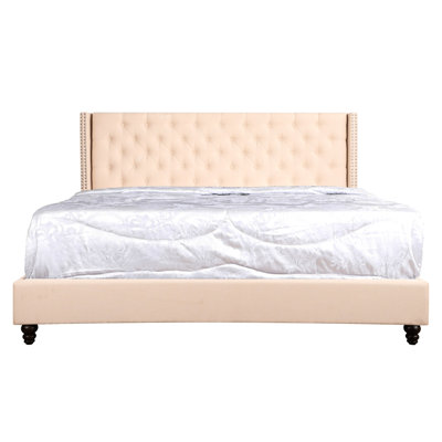 Lit tapissier beige - Construction pour la fiabilité Une sensation luxueuse 86 pi x 82 po l 50 po H Assemblage rapide et facile Très grand cadre transitionnel Performance fiable Revêtement élégant