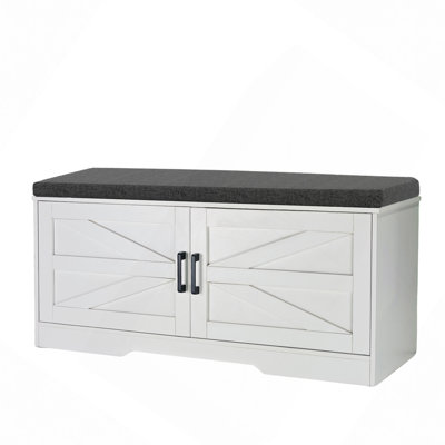 2-Tier Storage Bench, Farmhouse Shoe Bench With Padded Seat Cushion, Entryway Bench With 2 Barn Doors & 2 Adjustable Shelves, 13.75" D X 39.4" W X 17.72" H, For Entryway, Bedroom, Living Room