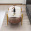 Table basse ovale en verre pour salon, 104 cm de longueur, double tablette, transparente et brune, pieds fuselés, structure de pièce.