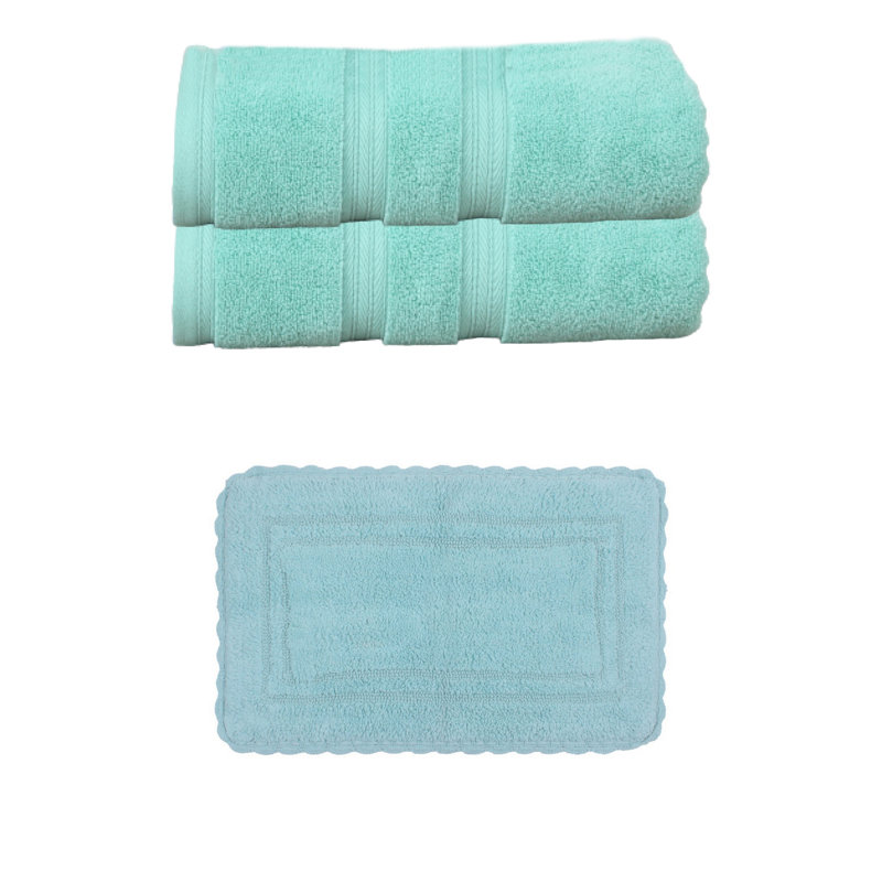 Colson 100% Soft Cotton 2 Pc Bath Towel Set & 1 Pc 17x24" Bath Rug, (Set of 3), Linen, Blue, 3 Piece Towel Set
