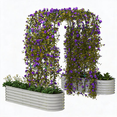 Jardinière galvanisée surélevée avec treillis vertical arqué de 244 cm (96 po) de haut – Jardinière extensible et résistante à la rouille pour plantes d'extérieur, fleurs, herbes aromatiques et plantes grimpantes – Comprend des clips pour plantes et un filet de drainage, beige