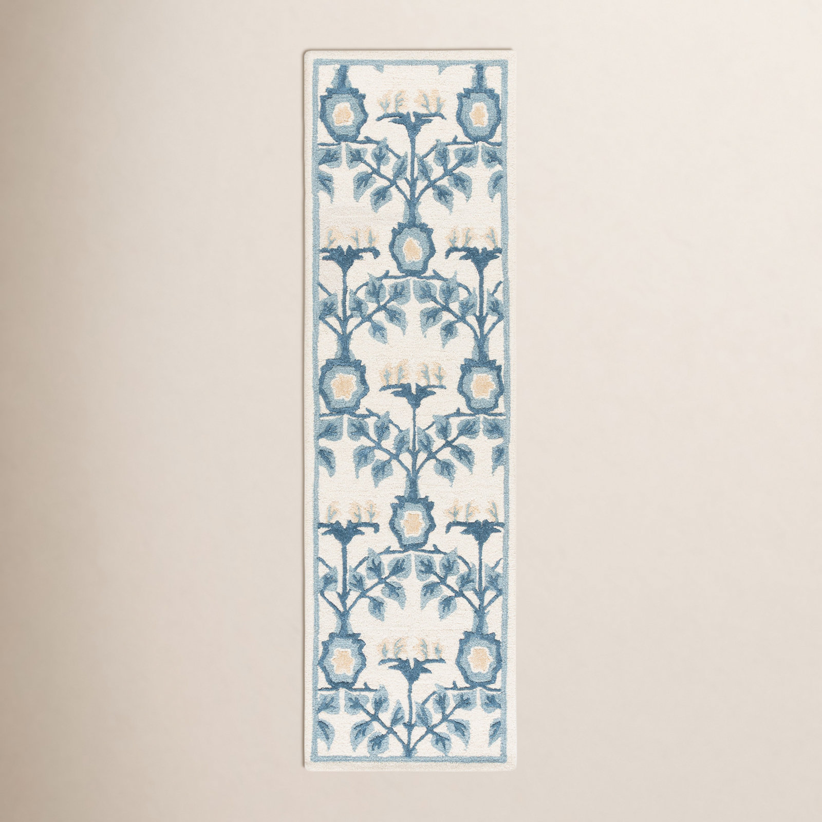 Ivory Blue Hand-Tufted Floral Wool Rug, Runner 2'3" x 8'