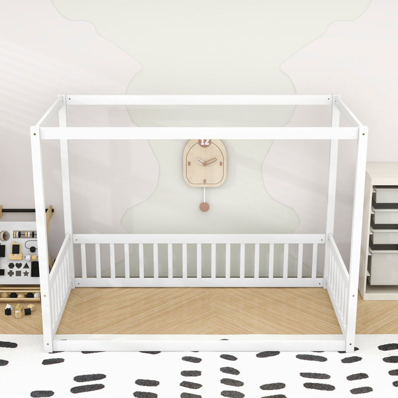 Wooden Canopy Floor Bed With Fence, Twin, White