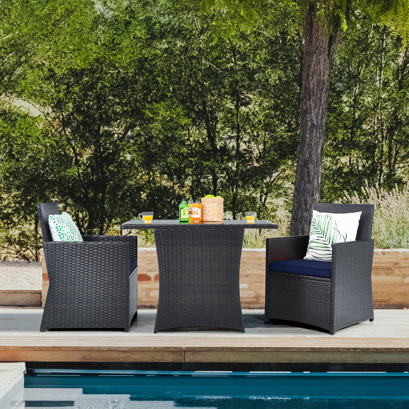 Altherr Rectangular 2 - Person 41'' Long Bistro Set with Cushions, Mixed Brown, Navy, 28"H x 41"W x 25"D