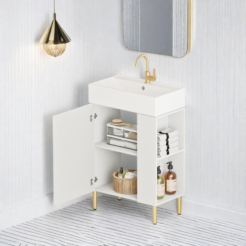 Meuble-lavabo compact 21,6 po avec lavabo et rangement en céramique, assemblage requis, Blanc
