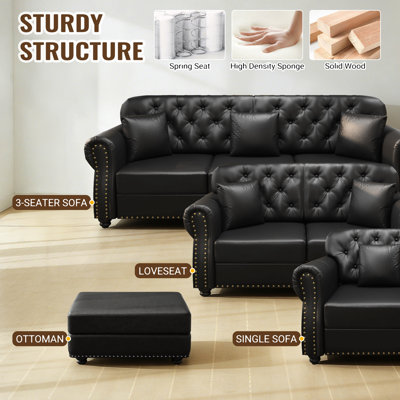 Canapé de 41,3 po rembourré en similicuir avec garniture cloutée et accoudoirs roulés, canapé de style Mid-Century Chesterfield avec capitonnage à boutons, comprend 1 oreiller, noir