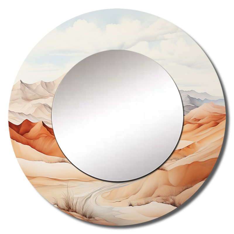 Shareca Saharas Desert Silence - Desert Unique Mirror, Peach Large Round Wall Mirror, Printed Metal Art, 36" x 36"