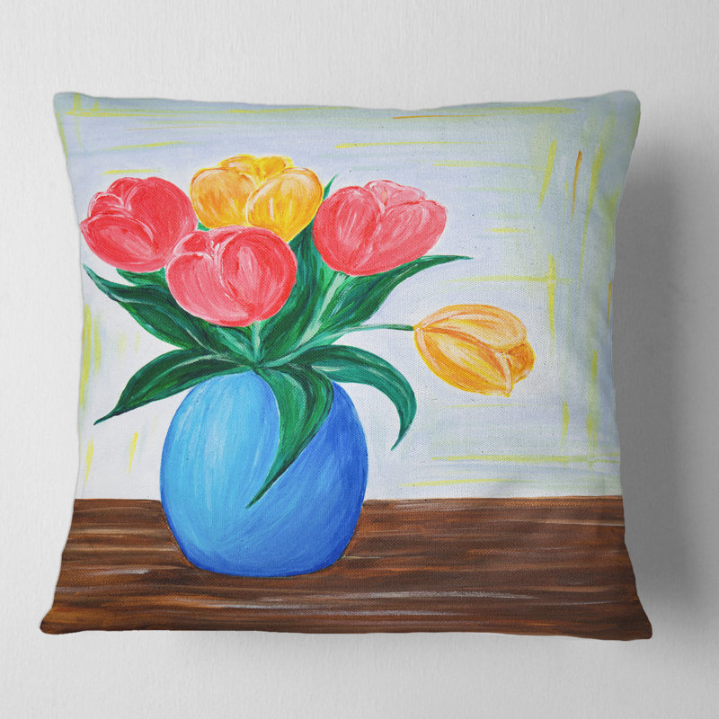 Bouquet de tulipes dans un vase, housse de coussin carré et insert, 16 po x 1 po