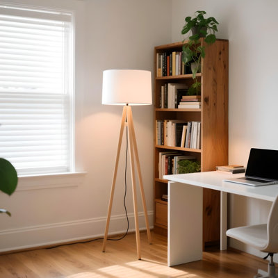 58'' Tripod Floor Lamp with White Linen Shade, Solid Wood