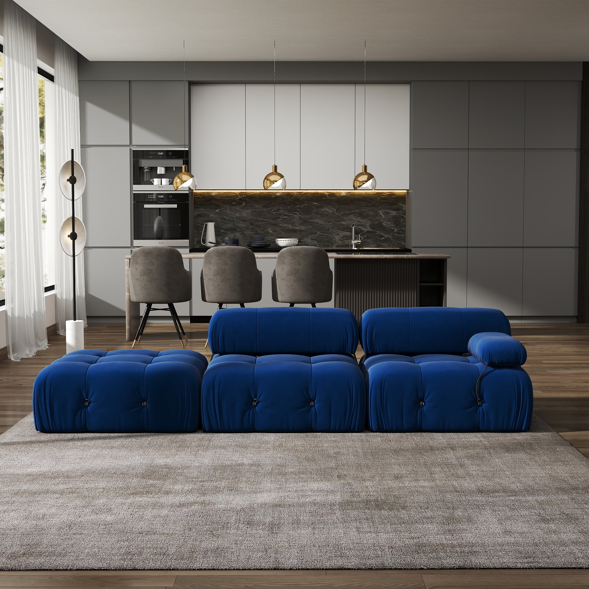 Mercer41 3-Piece Upholstered Modern Velvet Modular Sofa With Ottoman ...