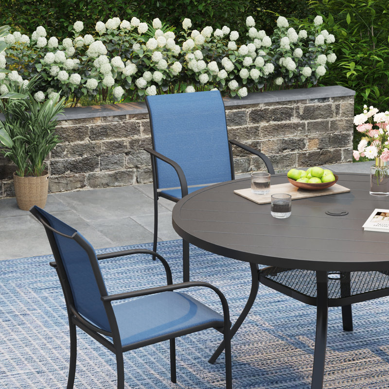 4-Person Square Patio Dining Set With Stackable PVC-coated polyester Chairs, Black/Blue