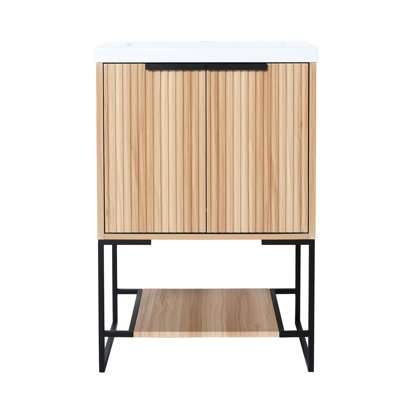 Armoire de salle de bain autoportante de 24 po - Design élégant, lavabo en résine, meuble-lavabo à options multiples avec lavabo de beauté contemporaine, accès silencieux, vaste espace de rangement