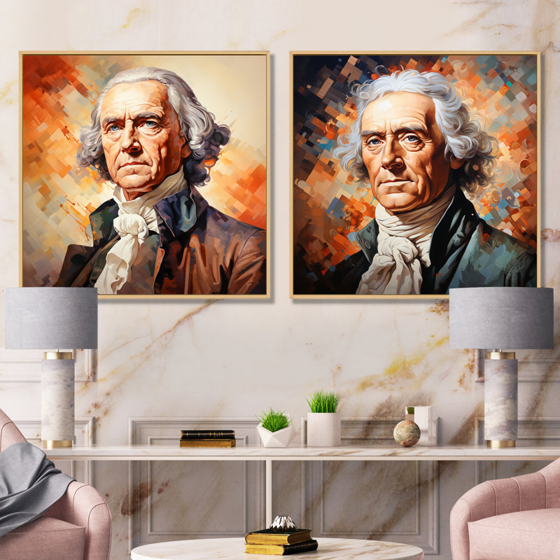 Portrait rétro de Thomas Jefferson I - ensemble de 2 décorations murales président / politique, Encadrement brun