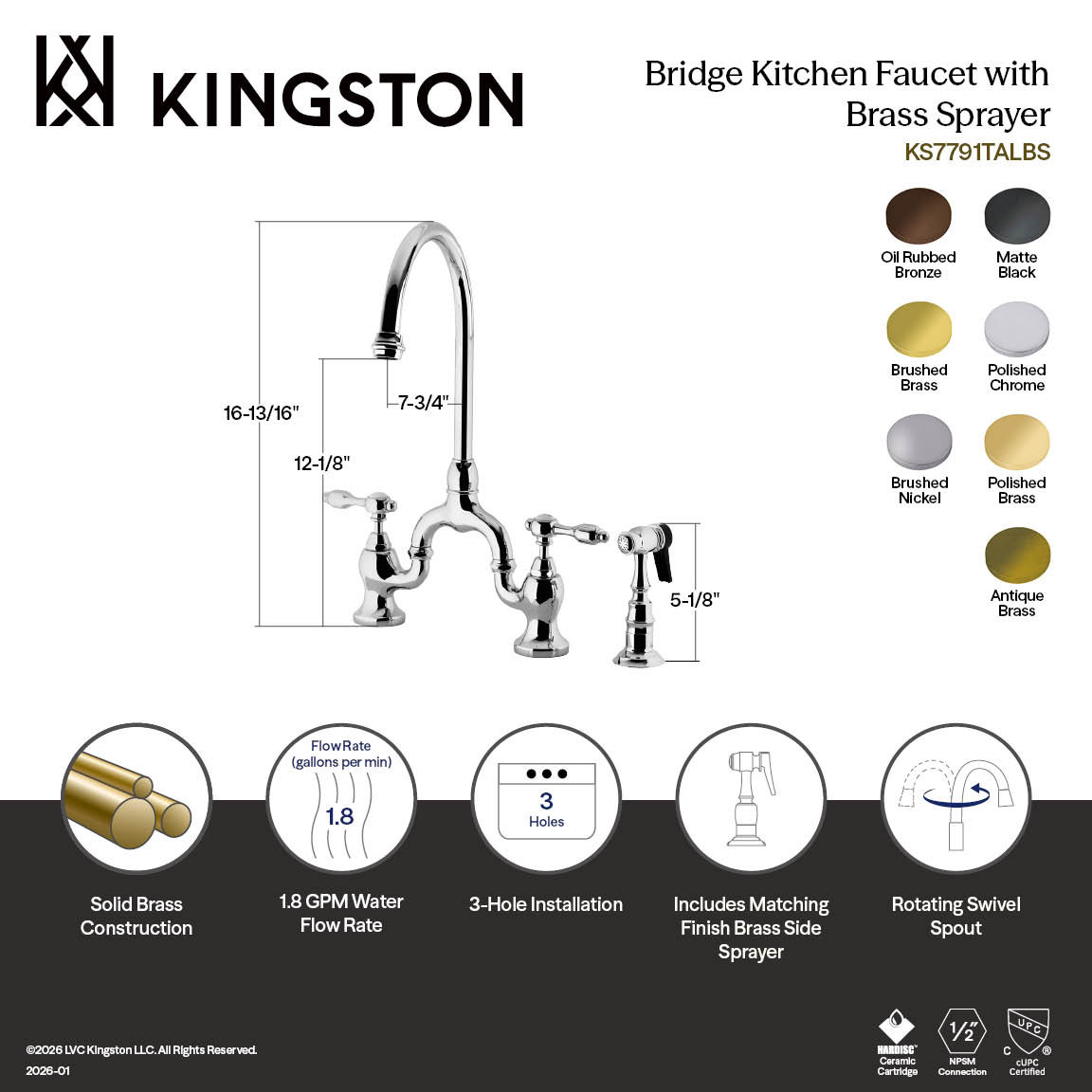 Kingston Brass Tudor Two-Handle 3-Hole Deck Mount Bridge Kitchen Faucet with Brass Side Sprayer, Brushed Nickel