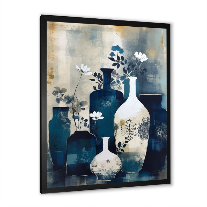 Art mural bleu et crème fantaisiste en argile II - Boho Pottery, Cadre photo noir, H 40 po x l 30 po
