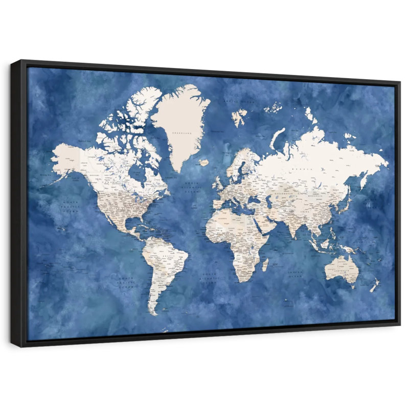 Amnen, carte du monde détaillée avec villes I, reproduction sur toile, H 9 po x l 13 po