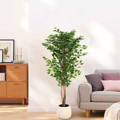 Arbre artificiel de 63 po avec pot, feuillage abondant, pré-empoté dans un panier ou un pot de fleurs, assemblage inclus avec feuillage et apparence gracieuse, facile à poser, branches réalistes