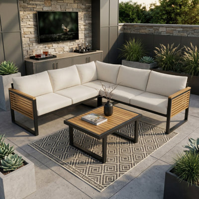 Ensemble de canapé de coin 4 pièces en bois d'acacia et métal, style industriel, coussins résistants à l'eau, pour patio, jardin, balcon