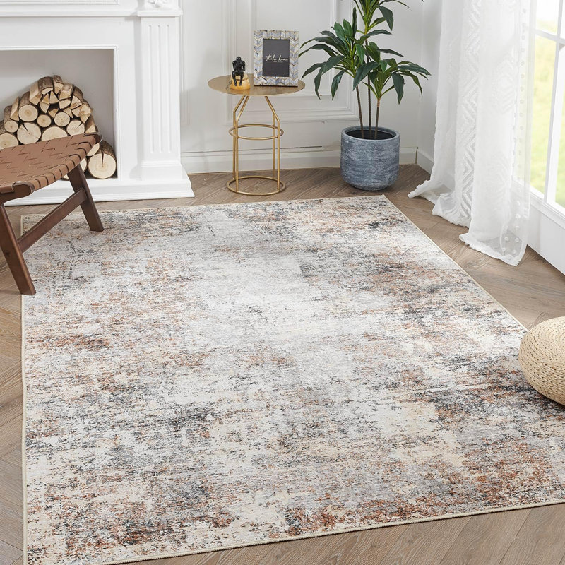 Abstract Non-Slip Machine Washable Taupe Area Rug, Rectangle 4' x 6'