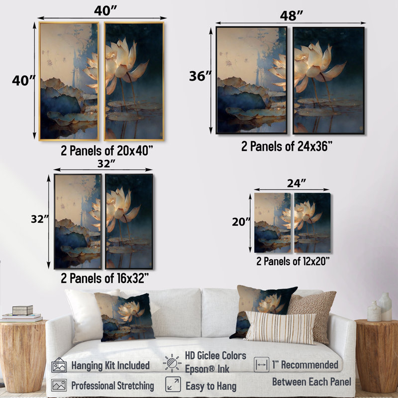 Blanc rétro lotus à l'aube - art mural blanc, Noir, H 36 po x l 48 po, Impression encadrée flottante
