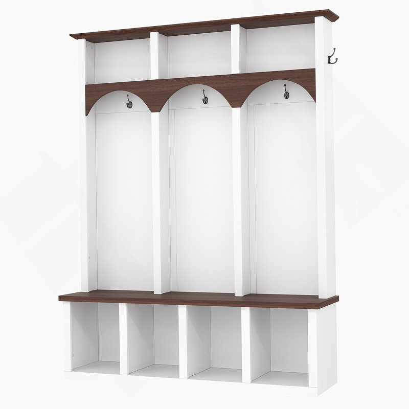 Wooden Hall Tree, Entryway Storage Bench With 5 Hooks And 7 Cubbies For Mudroom, Living Room, White