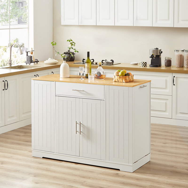 Îlot de cuisine moderne avec rangement pour poubelle, poste de travail multifonctionnel avec tiroirs et étagère à épices