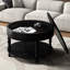 Table basse ronde noire de 80 cm avec plateau rabattable et rangement, tablette inférieure ouverte pour la décoration, montage facile en 10 minutes, finition laquée, idéale pour le salon, double espace de rangement, compartiment caché pour magazines.