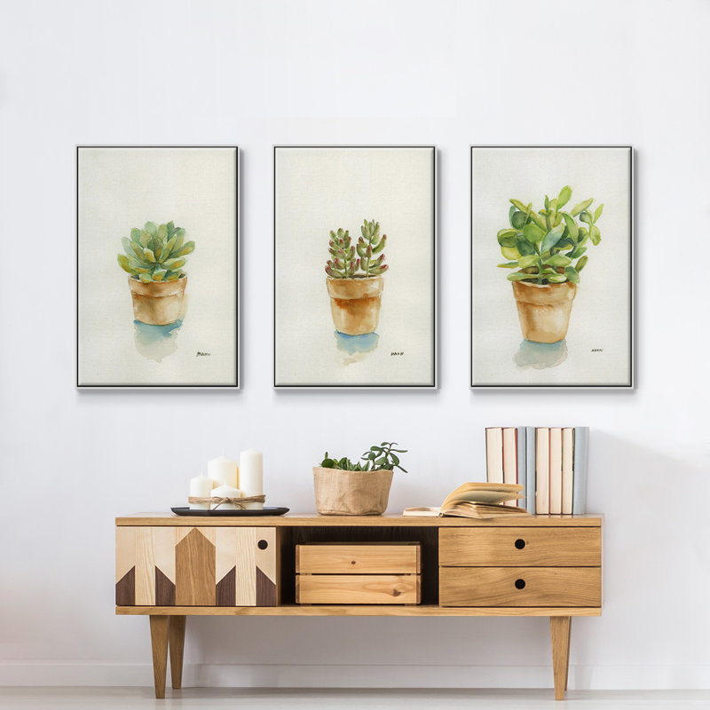 Succulent I, encadré sur toile, 3 pièces, H 27 po x l 54 po x P 2 po, Blanc